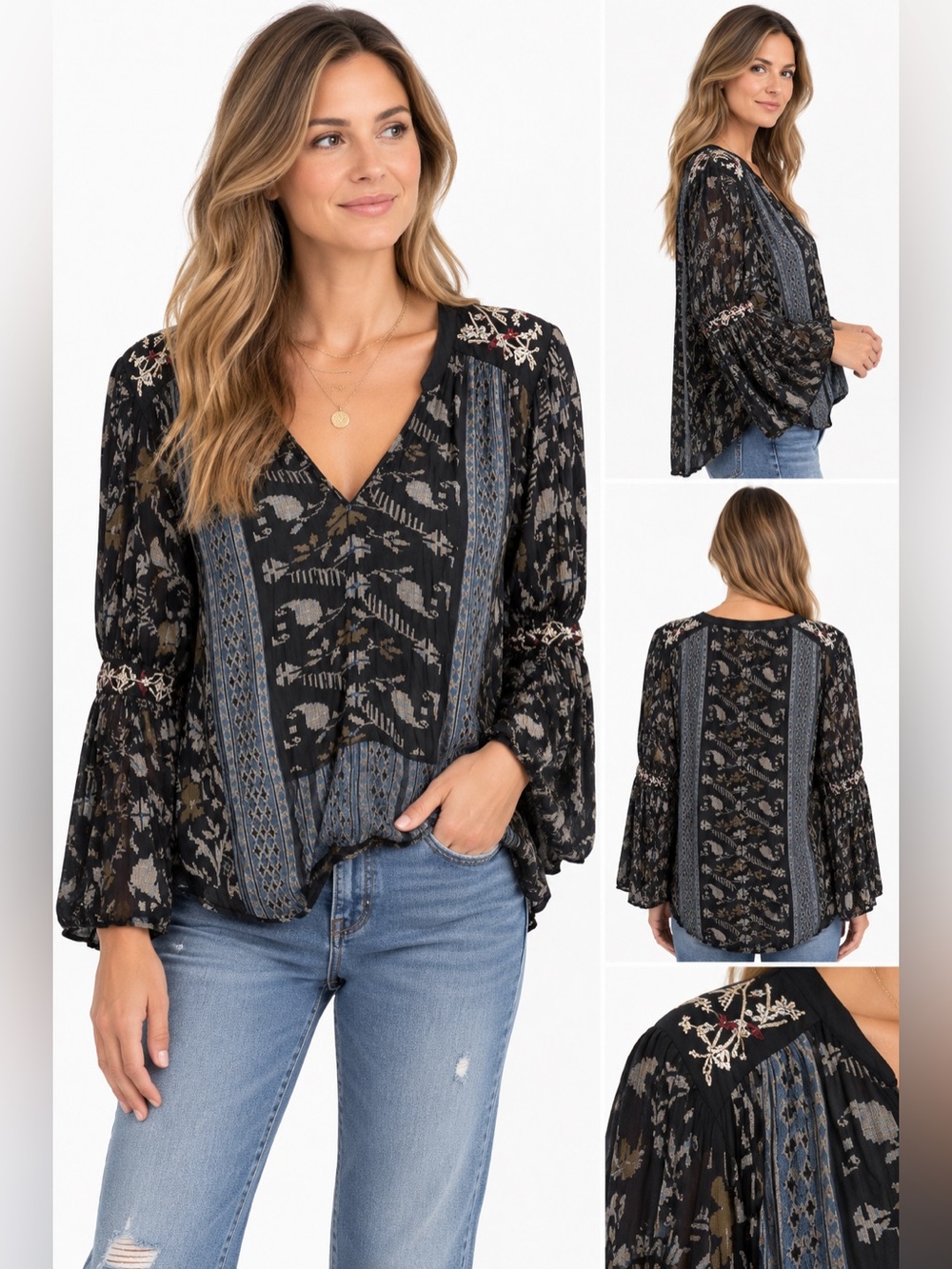 Lucky Brand Blouse Womens Large Black Boho Embroidered Print Long Sleeve Tunic